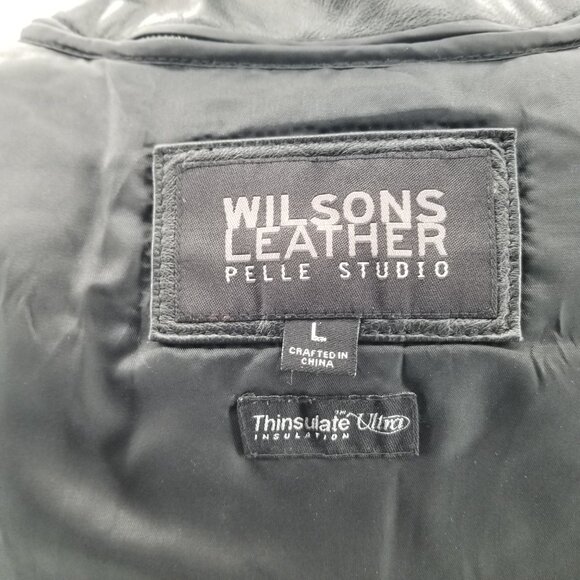 Wilsons Leather Pelle Studio Women Black Leather Insulated Jacket Coat Zip Large - Picture 10 of 13